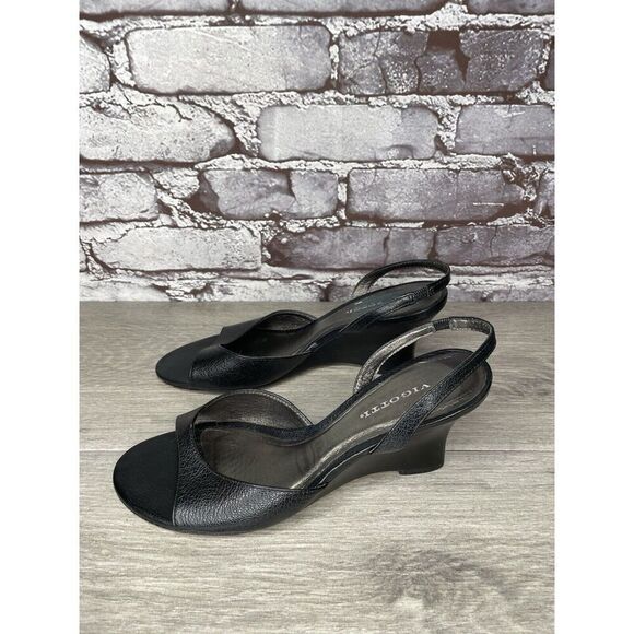 Vigotti Black Leather Open Toe Slingback High Wedge Sandals Women Sz 7W US/38EU - Picture 9 of 16